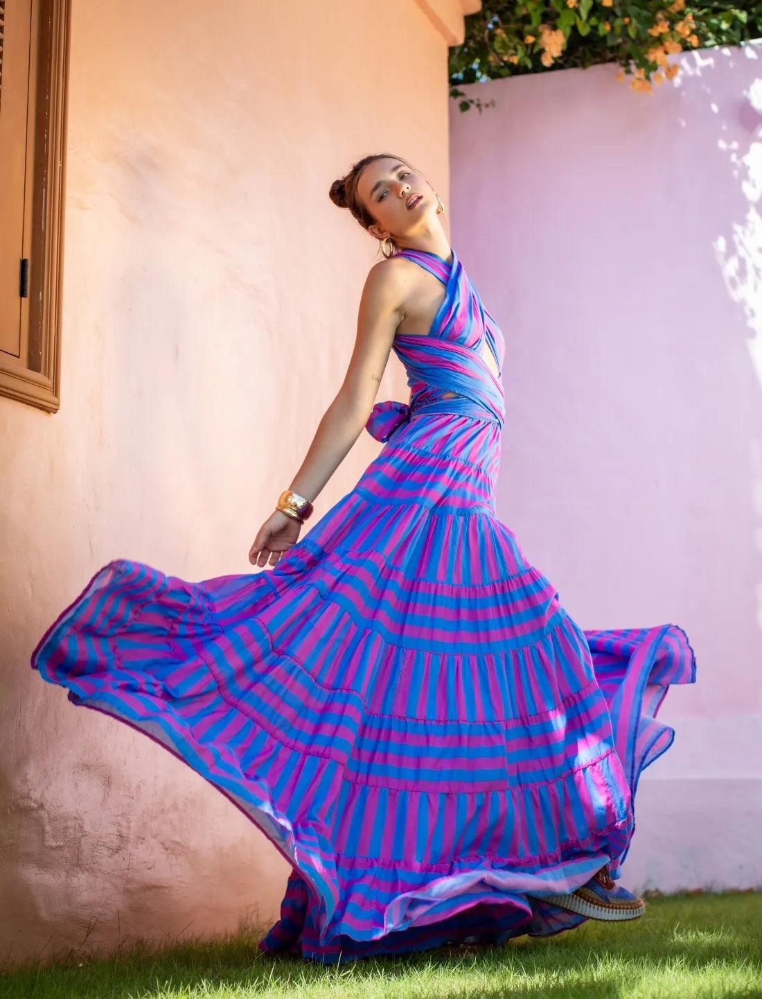 Erika Pea SELMA WOMEN BOHEMIAN MAXI DRESS MIAMI STRIPE / M/L Erika Pea SELMA WOMEN BOHEMIAN MAXI DRESS MIAMI STRIPE / M/L