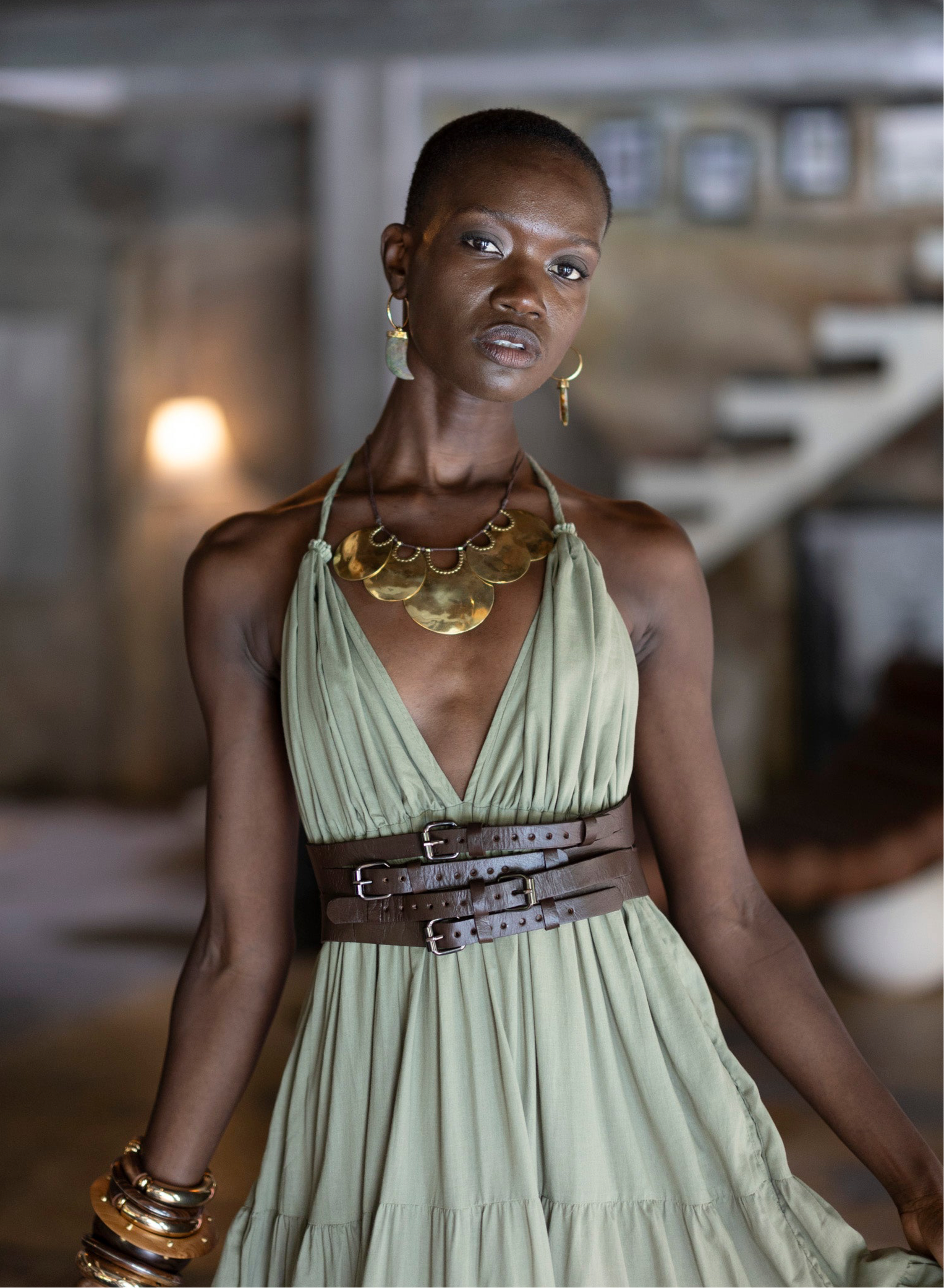 green emerald velvet dress Lemon Green Solid Fit and Flare Maxi Dress with Silver Sequinned Belt main image 1