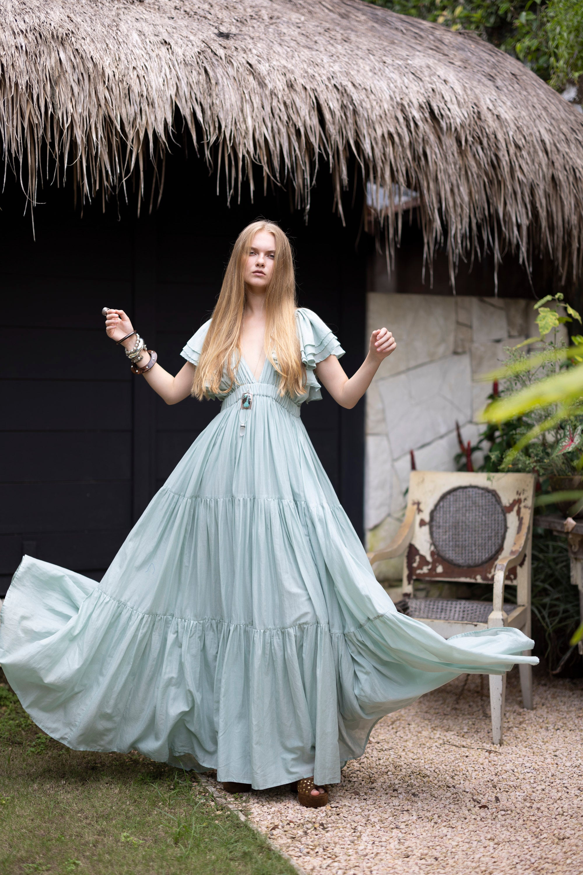 Aesthetic Long Dress Outfits Puff Sleeve White Lace Long Dress - Main Image