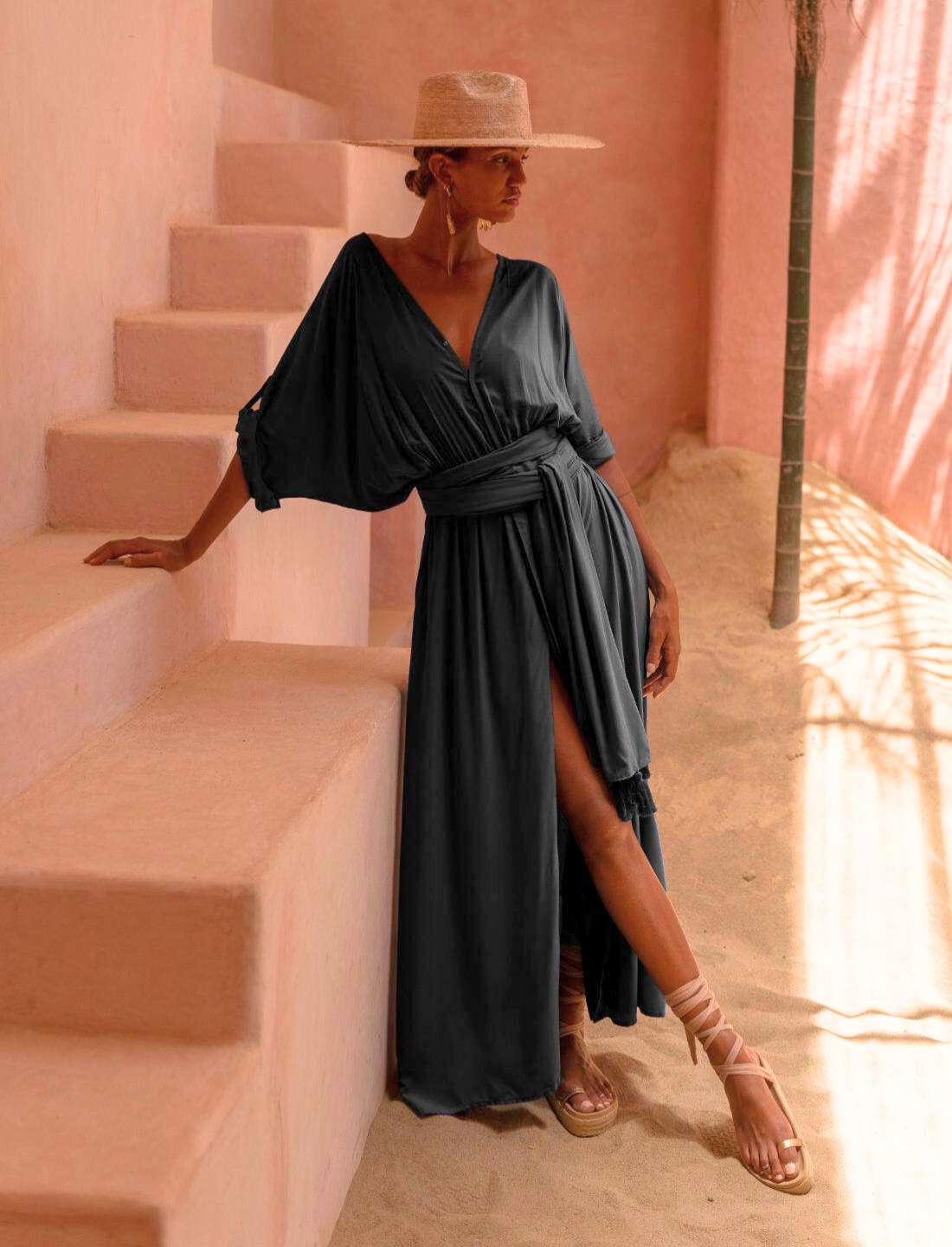 knee length dresses for ladies Wrap Dress Plunge Neck | Beige | Sustainable Women's Clothing main image 0
