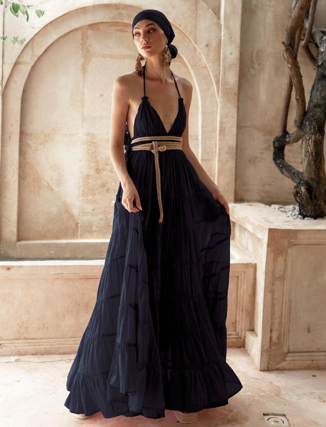 Erika Pea LOLA BOHEMIAN HALTER MAXI DRESS Black / O/S Erika Pea LOLA BOHEMIAN HALTER MAXI DRESS Black / O/S