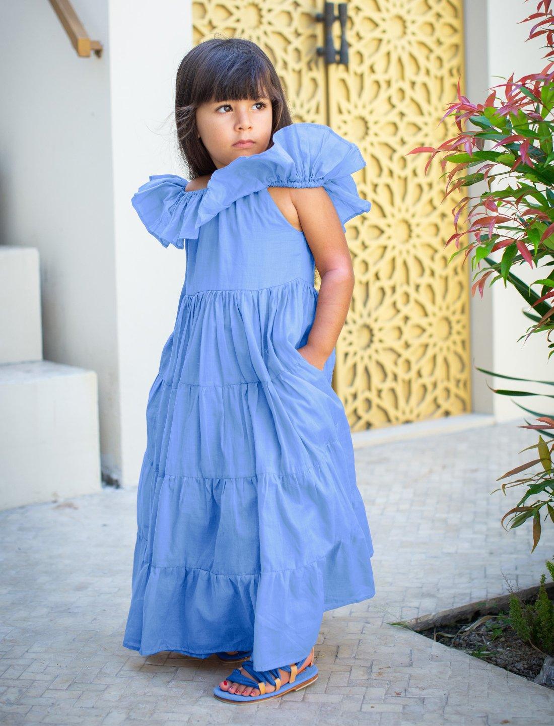 Rita Off the Shoulder Ruffled Tiered Little Girls Dress - CHAMBRAY - Erika Peña