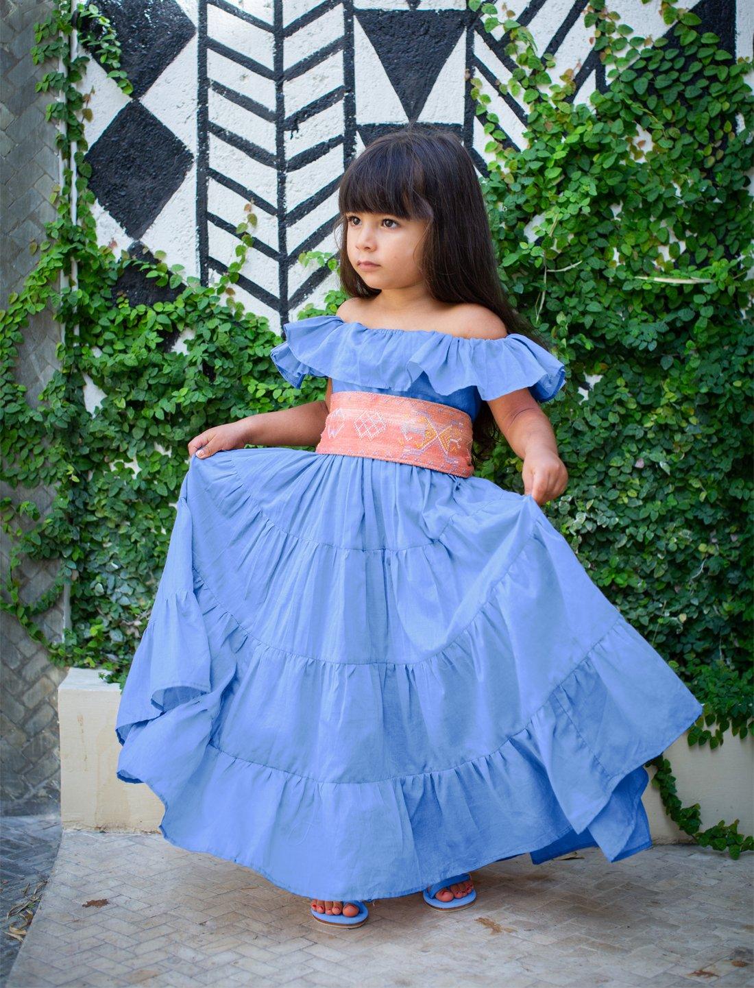 Rita Off the Shoulder Ruffled Tiered Little Girls Dress - CHAMBRAY - Erika Peña