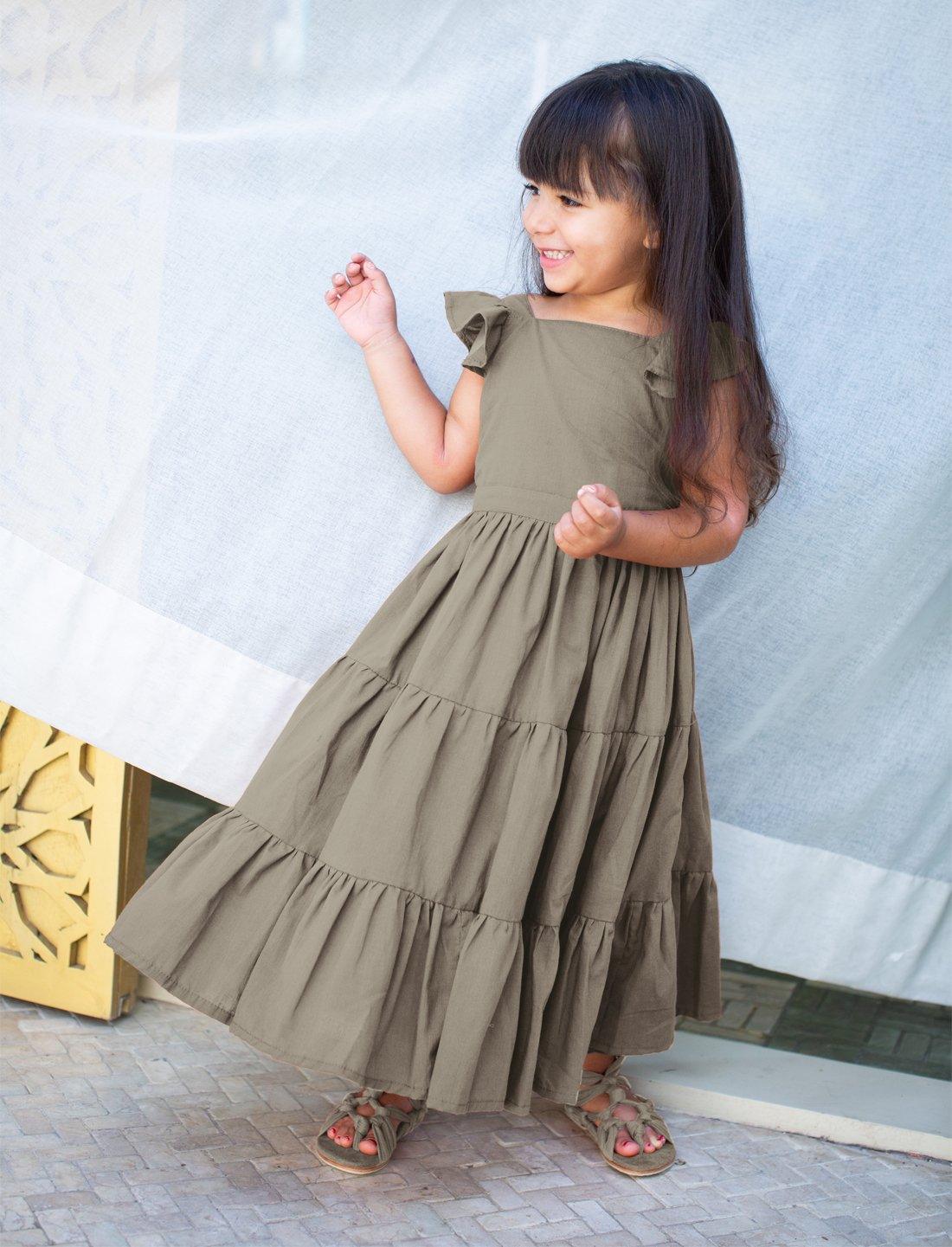 Lolita Apron Ruffled Sleeved Tiered Little Girls Dress - STONE - Erika Peña