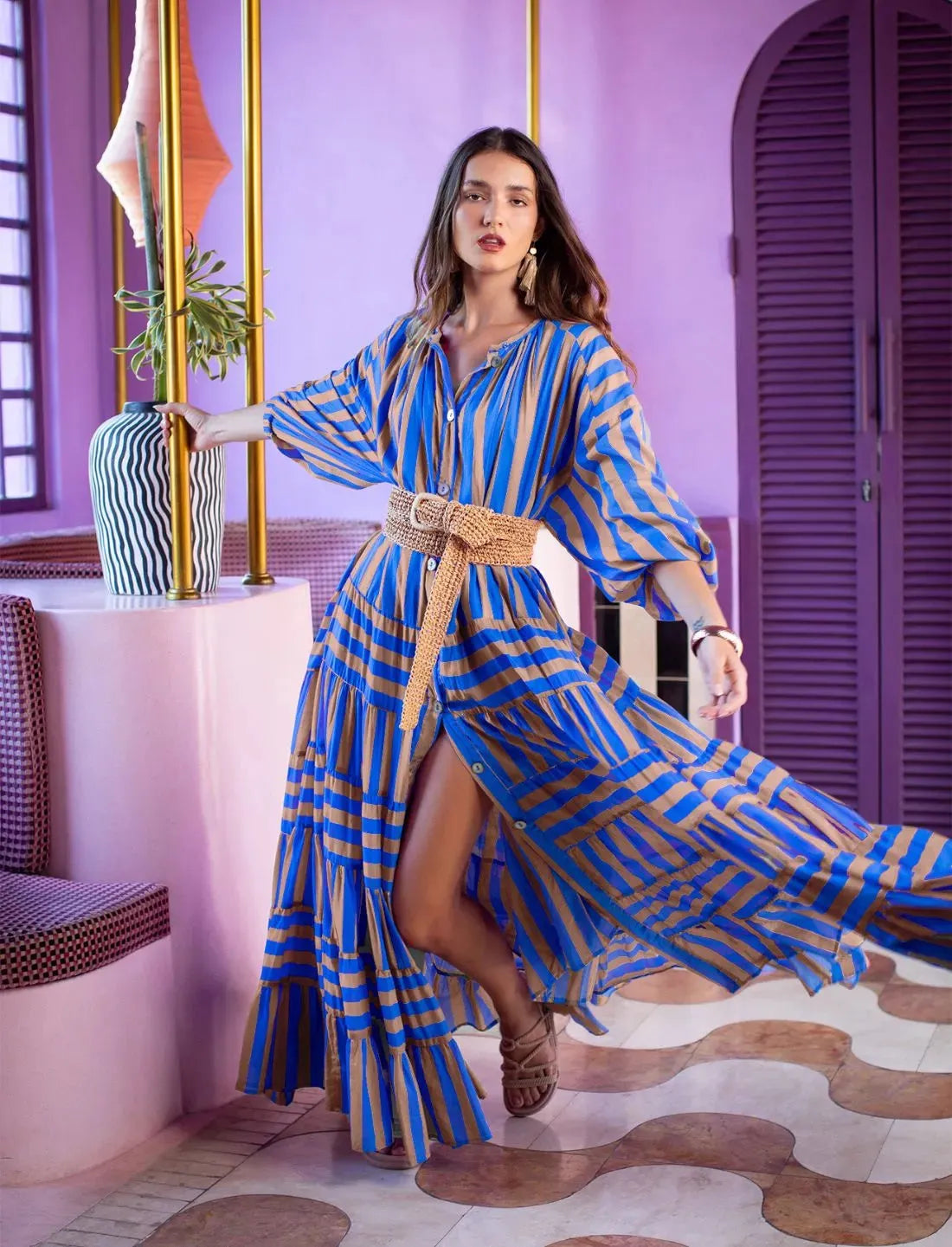 ELLA WOMEN BOHEMIAN MAXI DRESS STRIPE