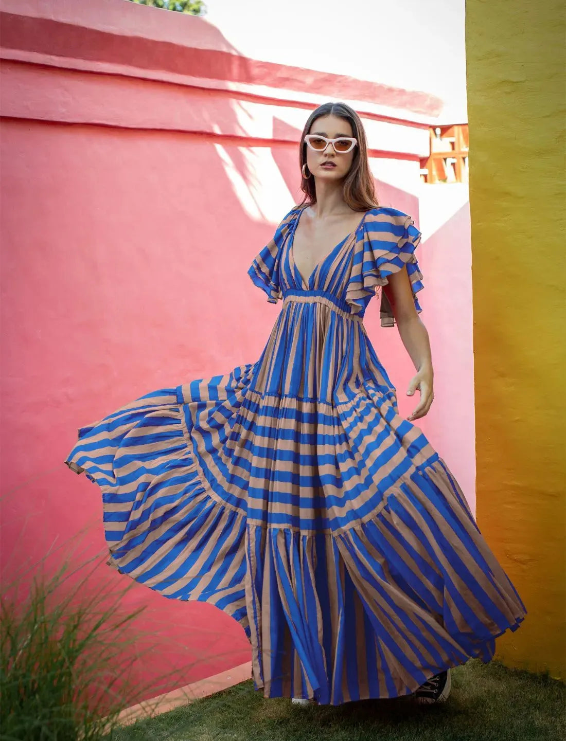 Blue and white striped maxi dress cheap
