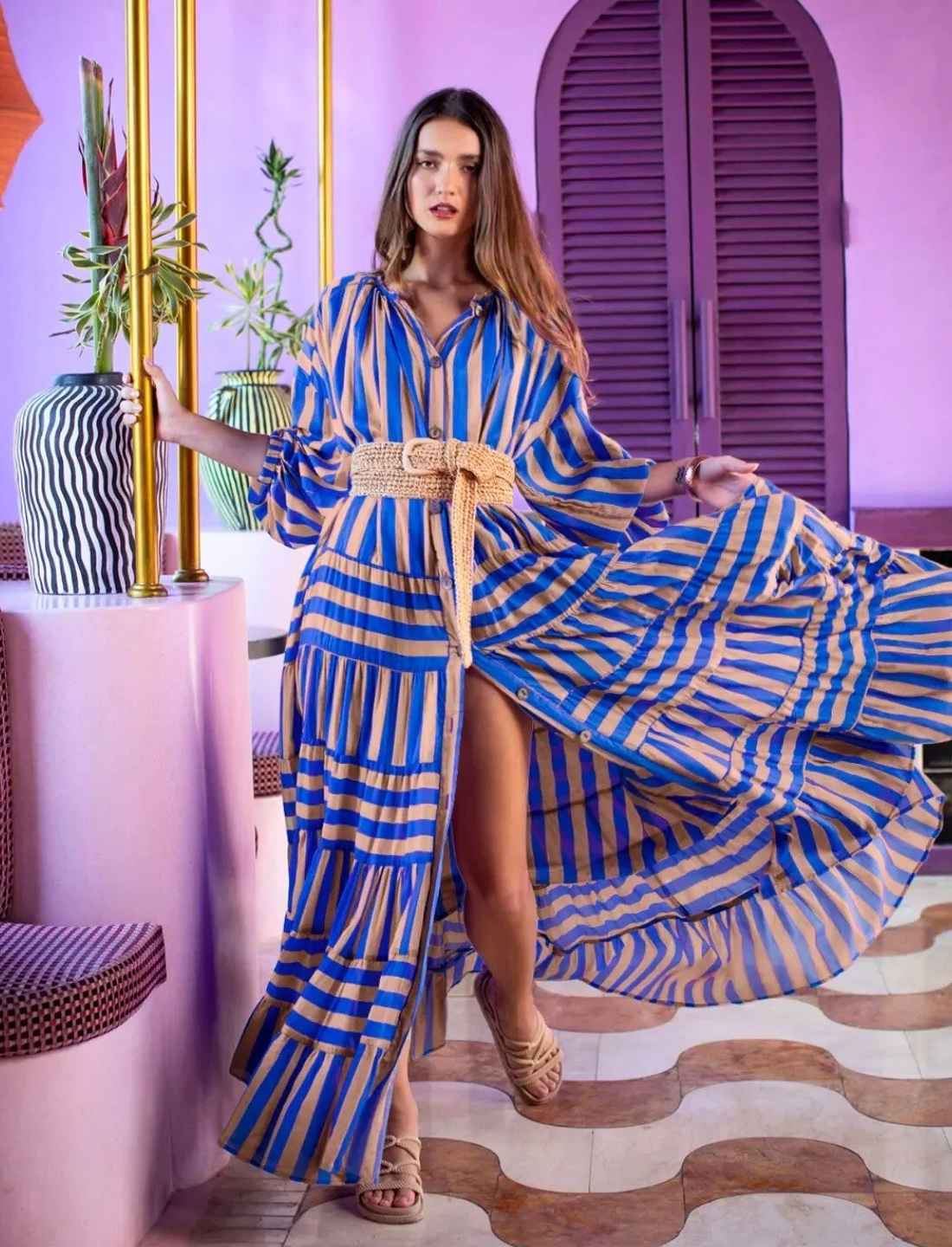 ELLA WOMEN BOHEMIAN MAXI DRESS STRIPE