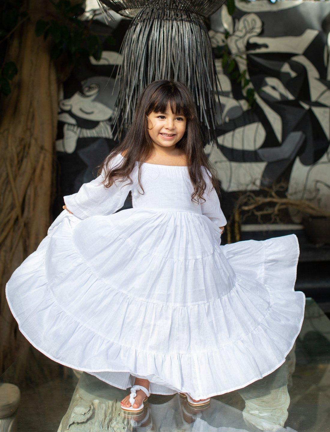 Brielle Full Sleeve Tiered Little Girls Dress - WHITE - Erika Peña