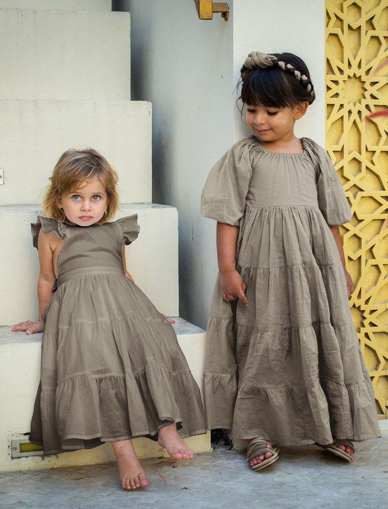Lolita Apron Ruffled Sleeved Tiered Little Girls Dress - STONE - Erika Peña