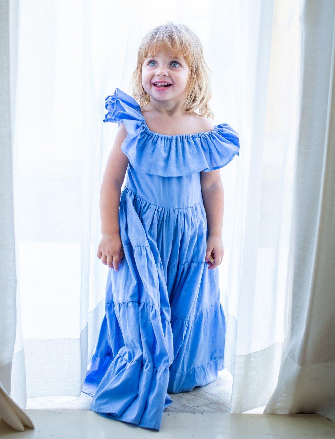 Rita Off the Shoulder Ruffled Tiered Little Girls Dress - CHAMBRAY - Erika Peña