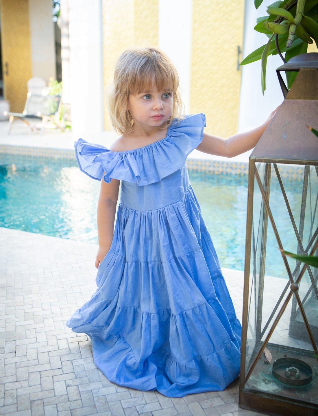 Rita Off the Shoulder Ruffled Tiered Little Girls Dress - CHAMBRAY - Erika Peña