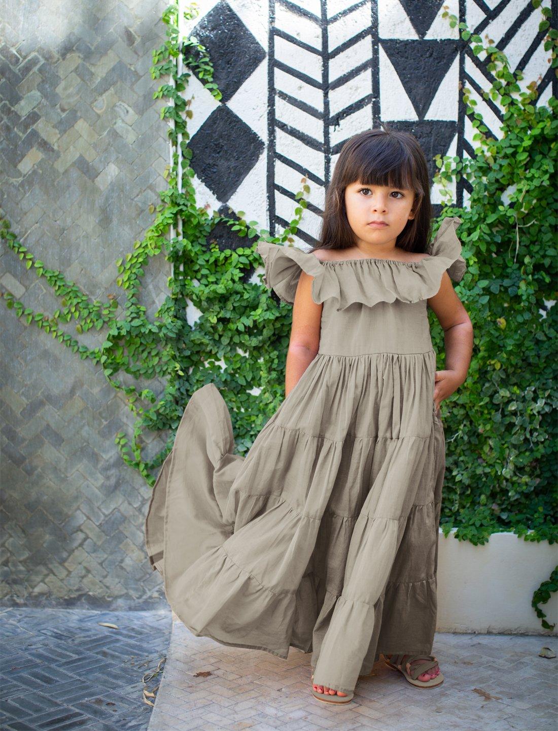 Rita Off the Shoulder Ruffled Tiered Little Girls Dress - STONE - Erika Peña