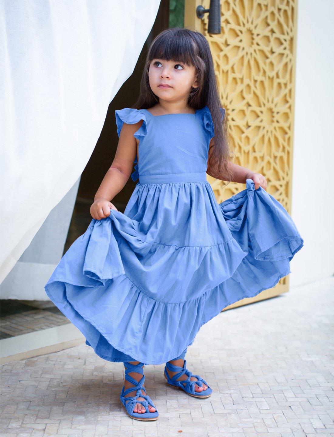 Lolita Apron Ruffled Sleeved Tiered Little Girls Dress - CHAMBRAY - Erika Peña