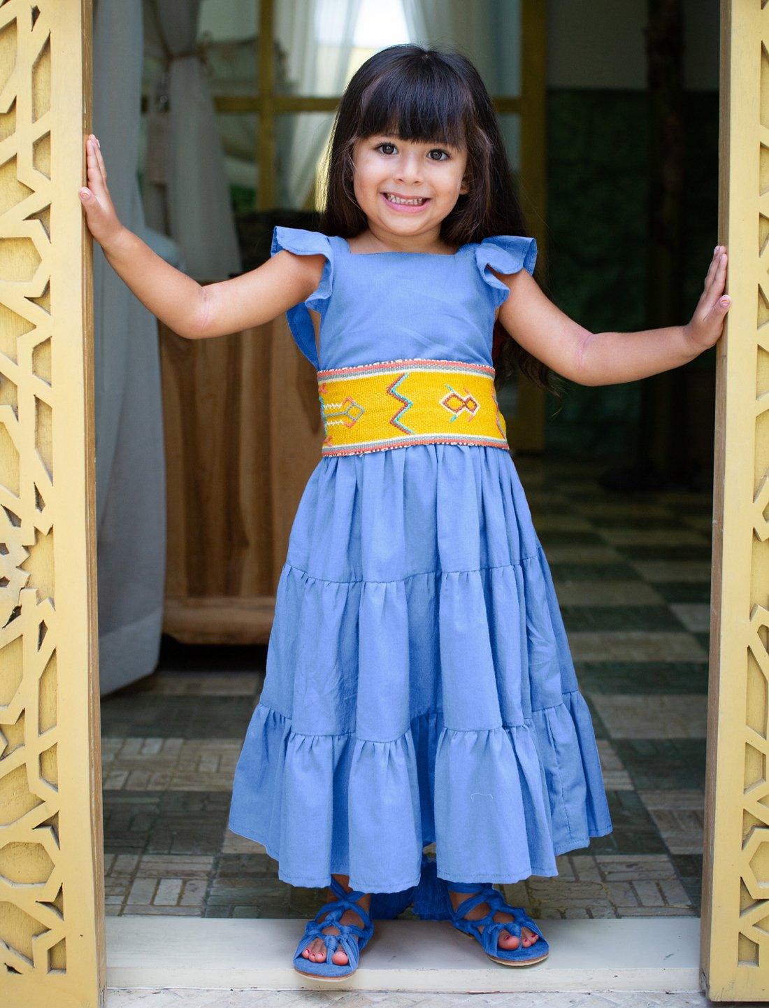 Lolita Apron Ruffled Sleeved Tiered Little Girls Dress - CHAMBRAY - Erika Peña