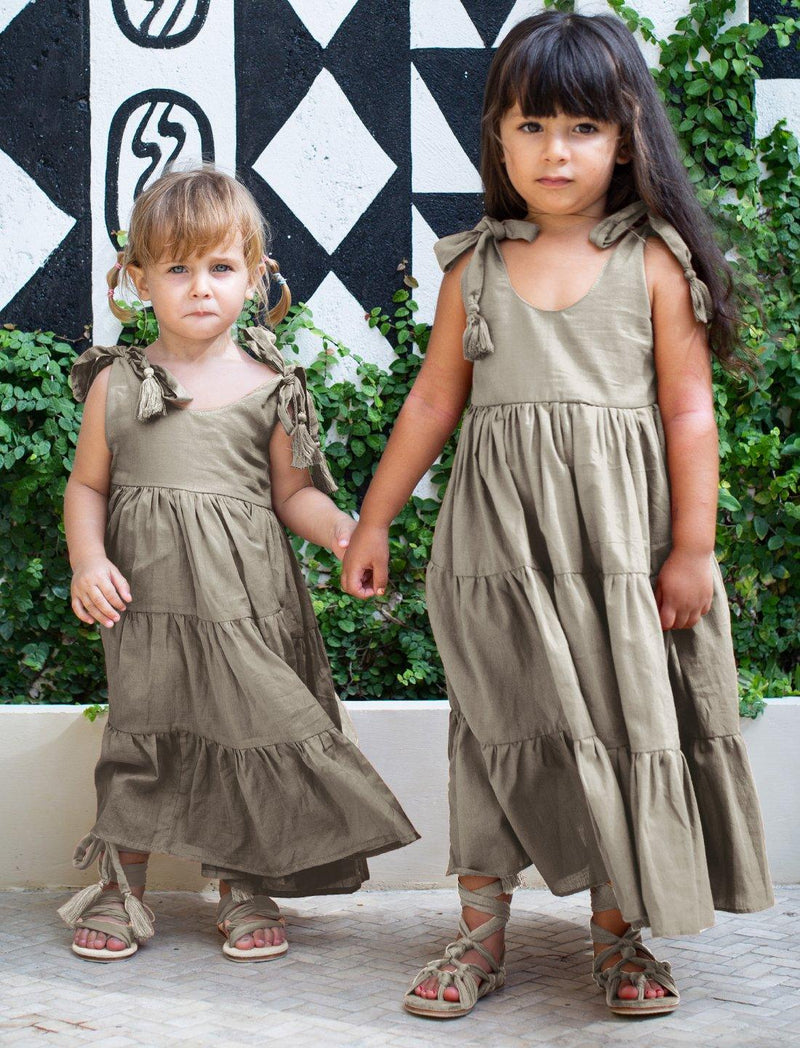 Carmencita Tassel Straps Tie Tiered Singlet Little Girl Dress - STONE - Erika Peña