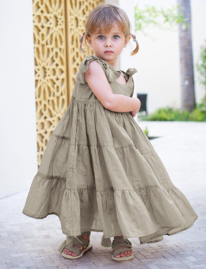 Carmencita Tassel Straps Tie Tiered Singlet Little Girl Dress - STONE - Erika Peña