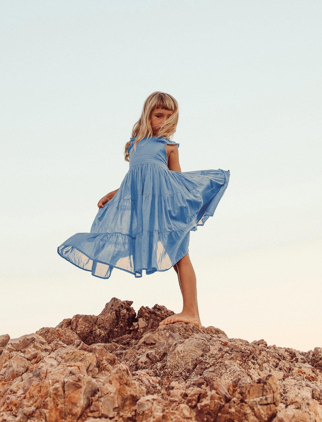 Lolita Apron Ruffled Sleeved Tiered Little Girls Dress - CHAMBRAY - Erika Peña